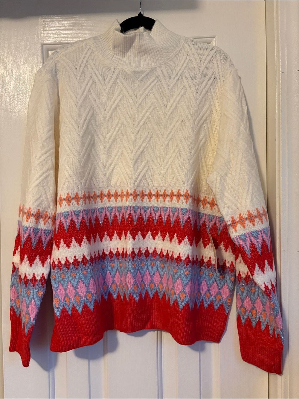 St. John's Bay Cream & Red Fair Isle Mock Neck Sweater